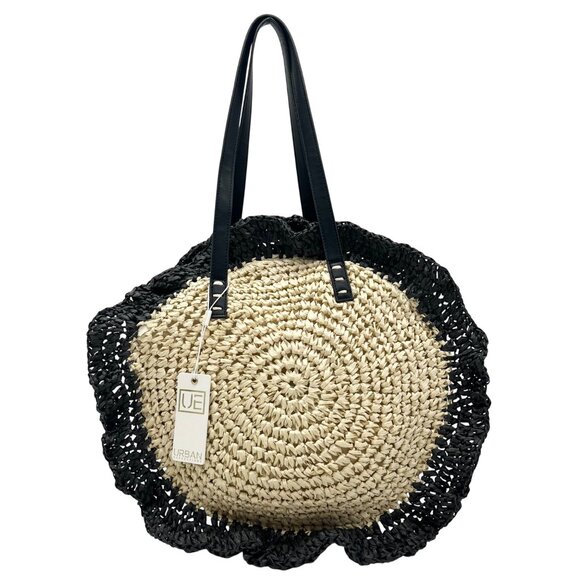 Urban Expressions Natural and Black Indy Tote Bag with Ruffle Edges - Picture 1 of 11